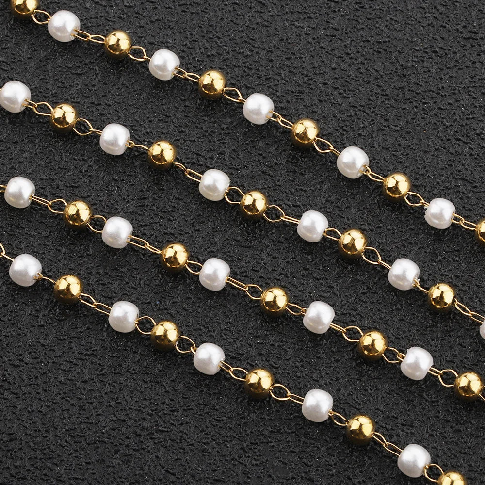 E047 Waterproof Stainless Steel Chain Pearl Bead Chain Spacer Gold Ball Beaded Link Chain for Jewelry Diy