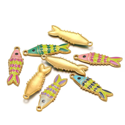 18K Gold Plated Stainless Steel Colorful Oil Drip Fish Charm Pendant for Fashion Jewelry Earring Necklace Making