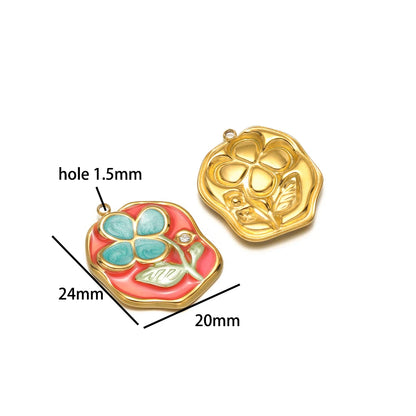 Exquisite Oil Drop Painted Flower Charm 18k Gold Plated Stainless Steel Enamel Round Square Pendant for Necklace Jewelry Making