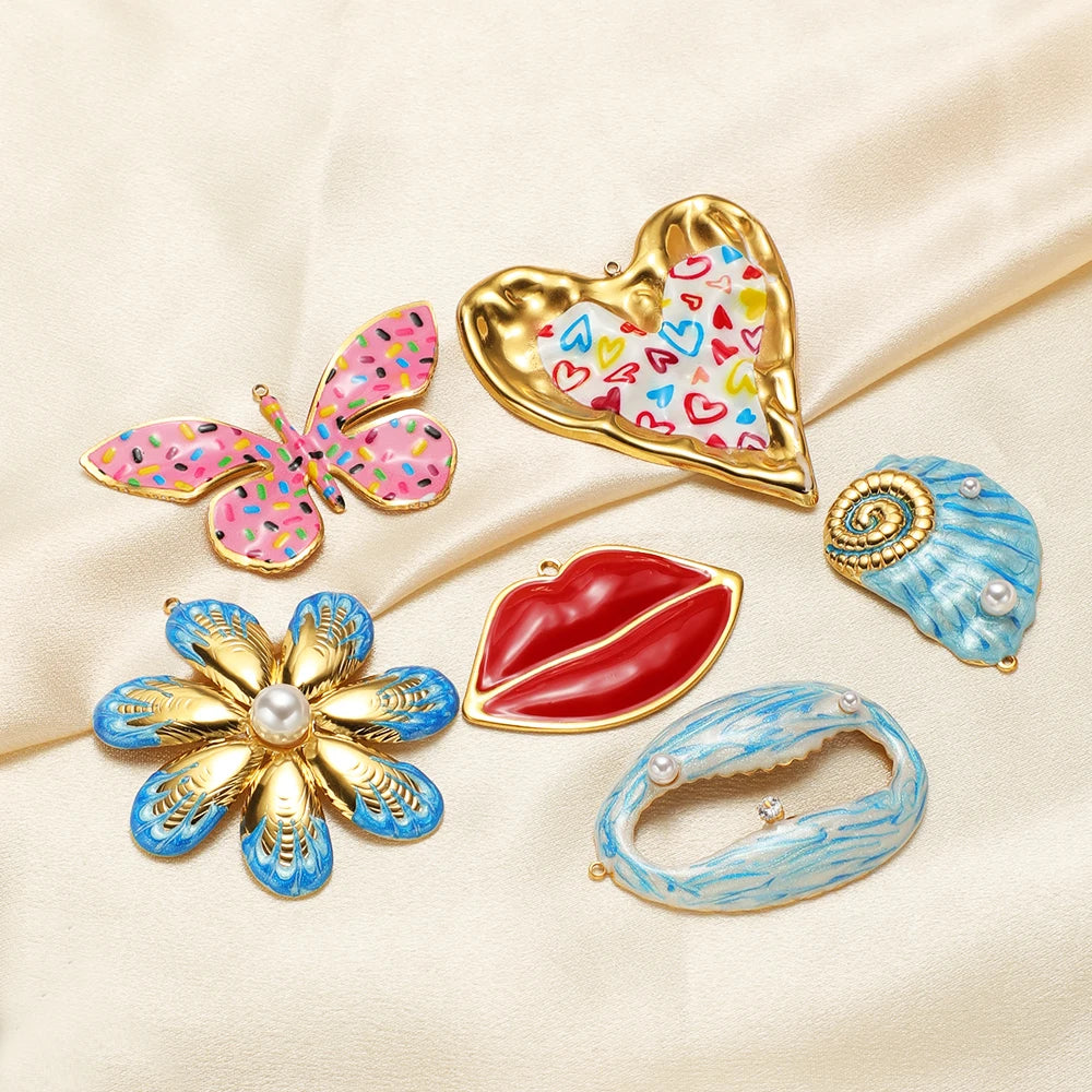 Stainless Steel 18k Gold Plated Enamel Heart butterfly Flower Conch Lip Charm Pendant for Jewelry Necklace Making