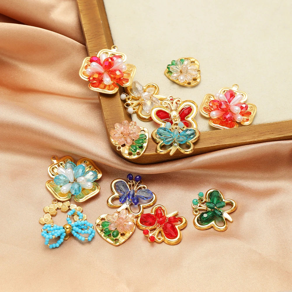 Trend Creative 18k Gold Plated Stainless Steel Flower Butterfly Heart Crystal Glass Bead Charm Pendant for  DIY Jewelry Making