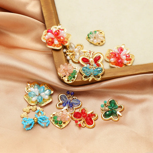 Trend Creative 18k Gold Plated Stainless Steel Flower Butterfly Heart Crystal Glass Bead Charm Pendant for  DIY Jewelry Making