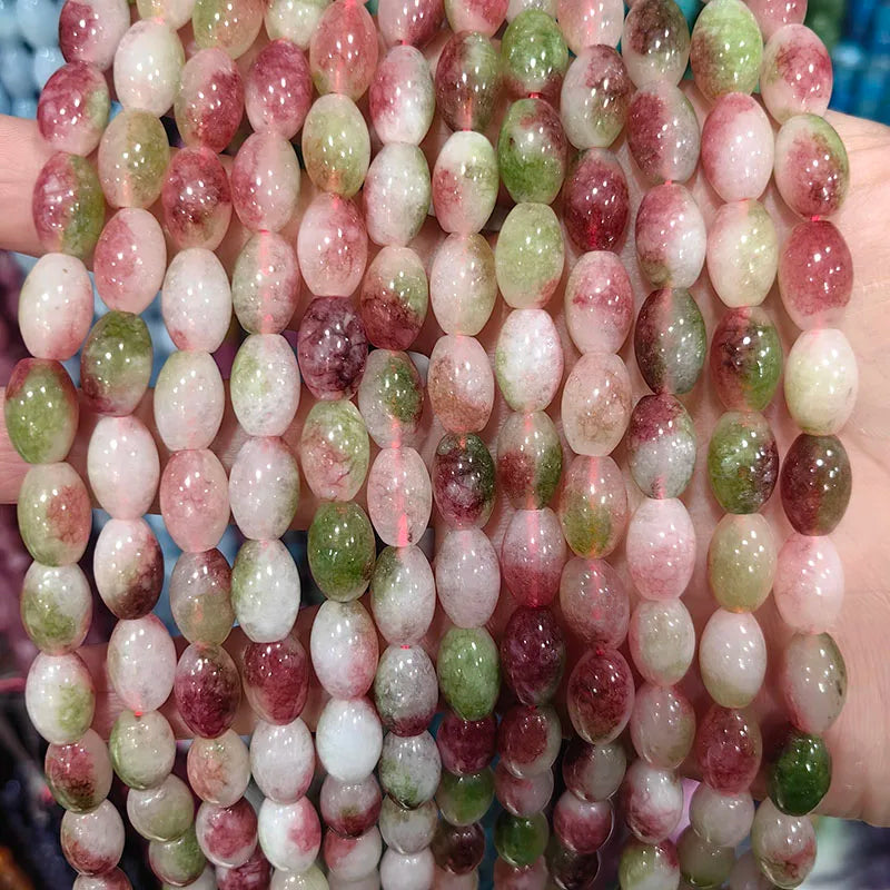 New Natural 8x12mm Rice Dyed Rainbow Colorful Jade Loose Bead, Mutil-color Jade Tourmaline Beads for DIY Women Jewelry Making