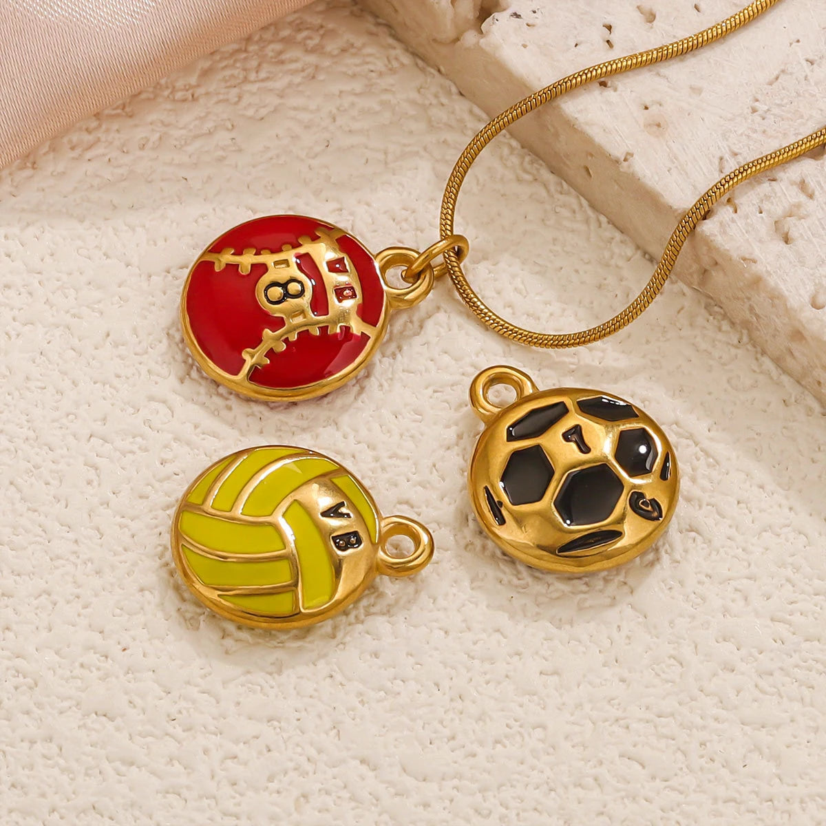 Stainless Steel 18K Gold Plated Colorful Sports Ball-Shaped Pendants DIY Bracelets Keychains Accessories Drip-Coating Parts