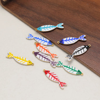Handmade 18k Gold Plated Stainless Steel Enamel Cute Beach Fishbone Charm Pendant for Jewelry Necklace Making Accessories