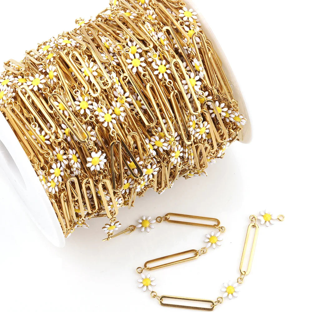 B1587 Paper Clip Daisy Enamel Chain Ins Stainless Steel Chain Jewelry Chain for Necklace Diy