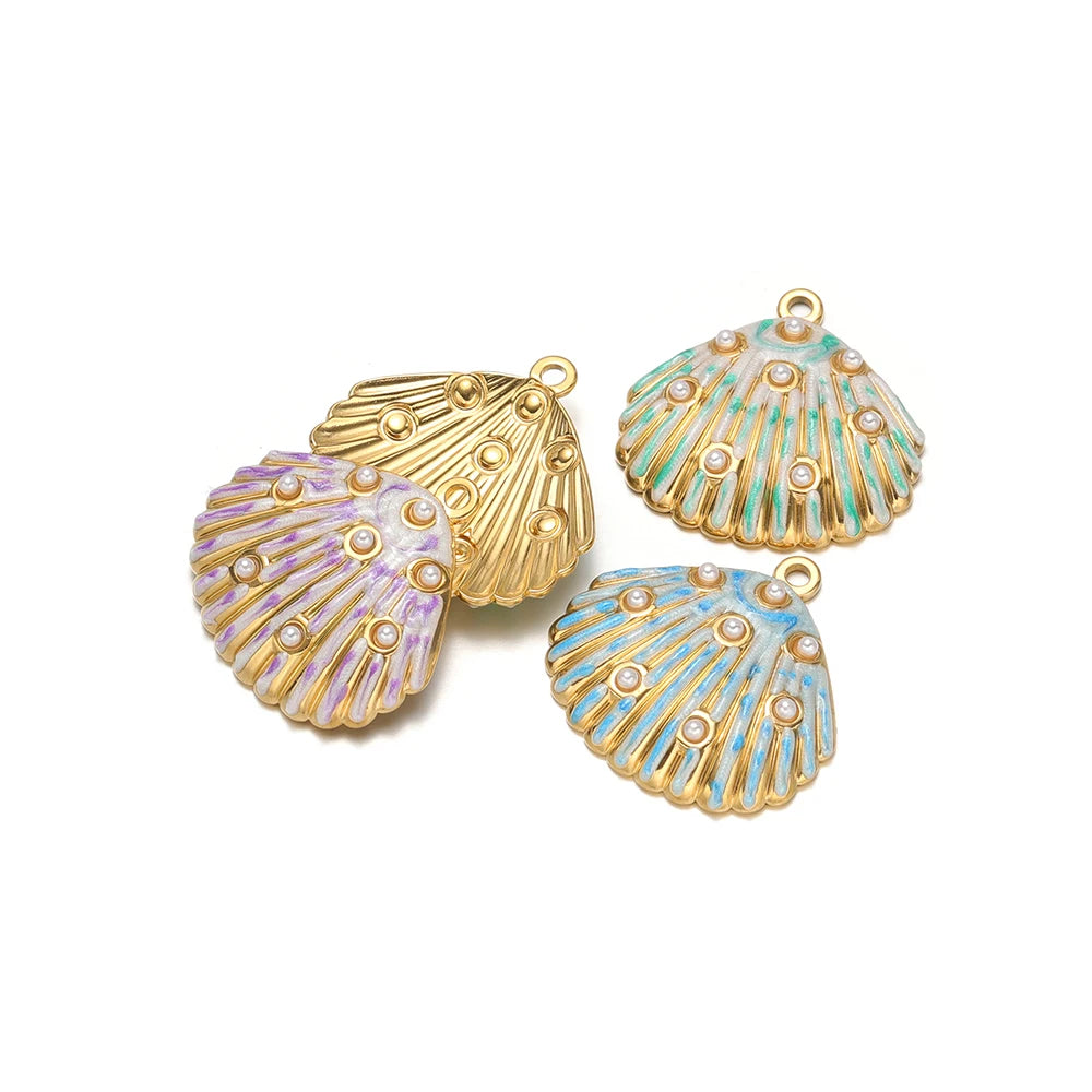 Gold Plated Seashell Charm Striped Shell Pendant with Pearl Single Sided Enamel  DIY Beach Jewelry Making Supplies Wholesale