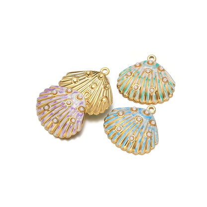 Gold Plated Seashell Charm Striped Shell Pendant with Pearl Single Sided Enamel  DIY Beach Jewelry Making Supplies Wholesale