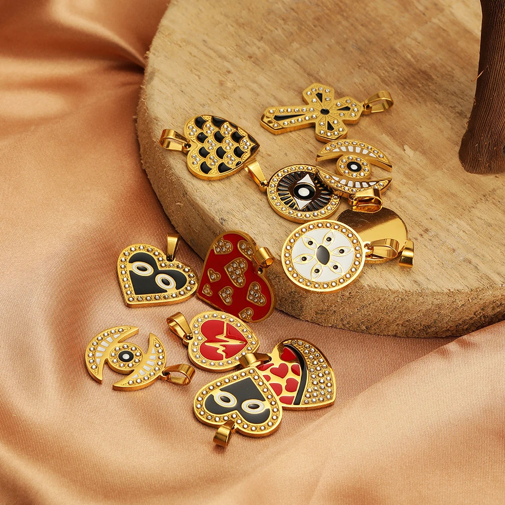 Women's Fashion Accessory Stainless Steel Gold Plated Enamel Eyes Heart Cross Charm Pendant for DIY Jewelry Making