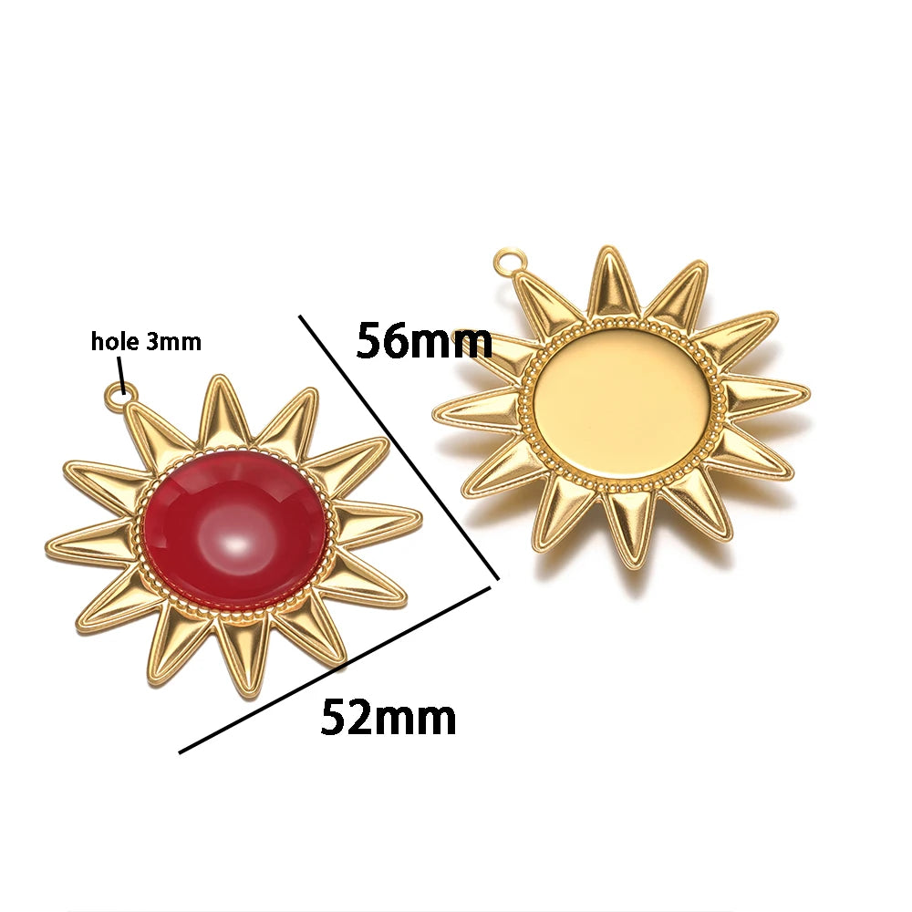 New Bohemian Retro Stainless Steel Gold Plated Big Sun Gemstone Charm Pendant for Earring Jewelry Making Accessories