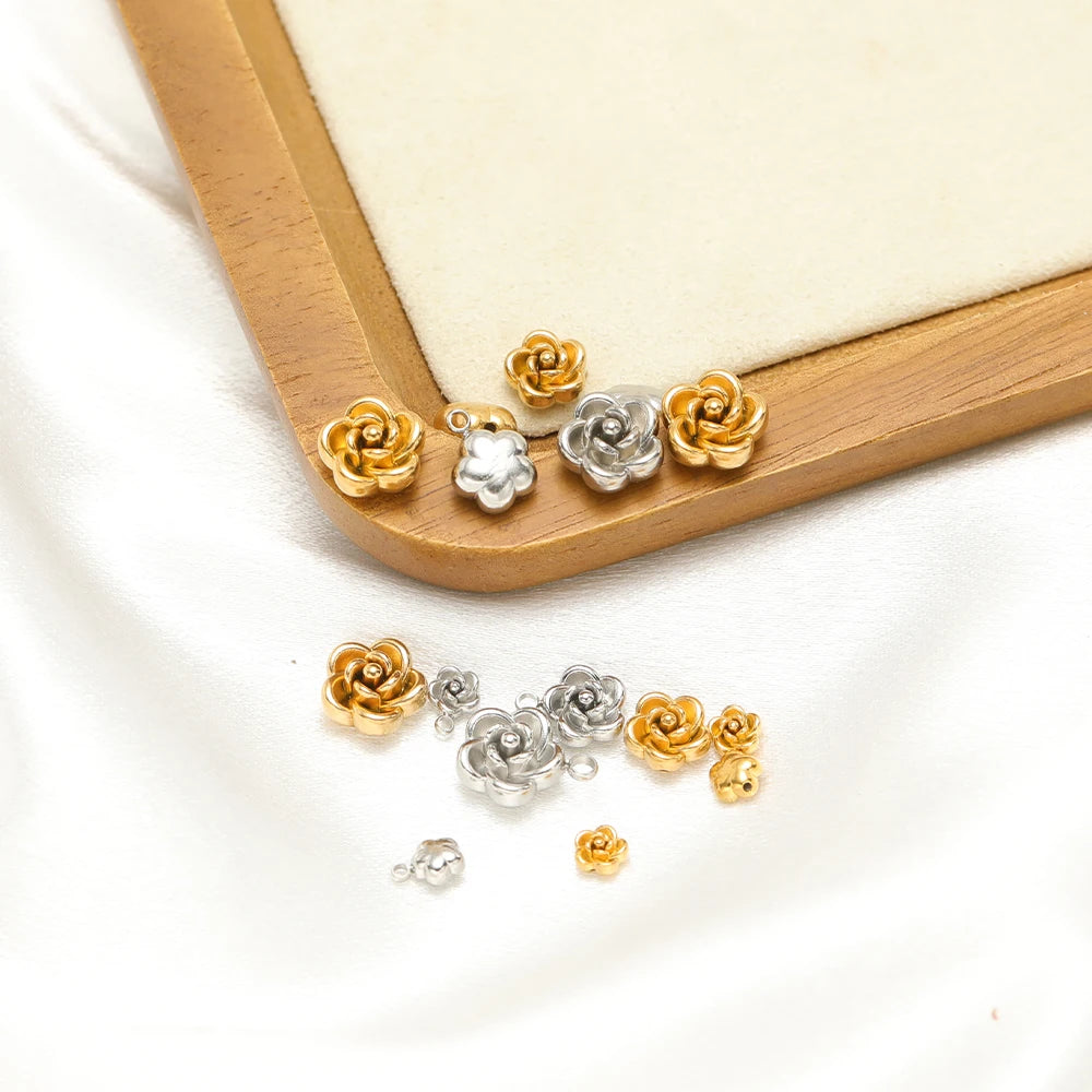 Retro Design 18k Gold Plated Stainless Steel Rose Bead Pendant Flower Charm Pendant for Bracelet Necklace Jewelry Making