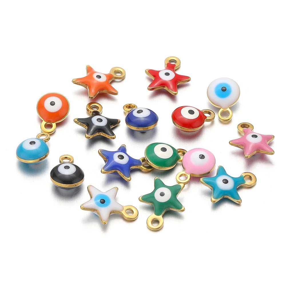 20pcs/bag  Stainless Steel 18K Gold Plated Colorful Enamel Round Star Charms Pendant for Jewelry Findings & Components