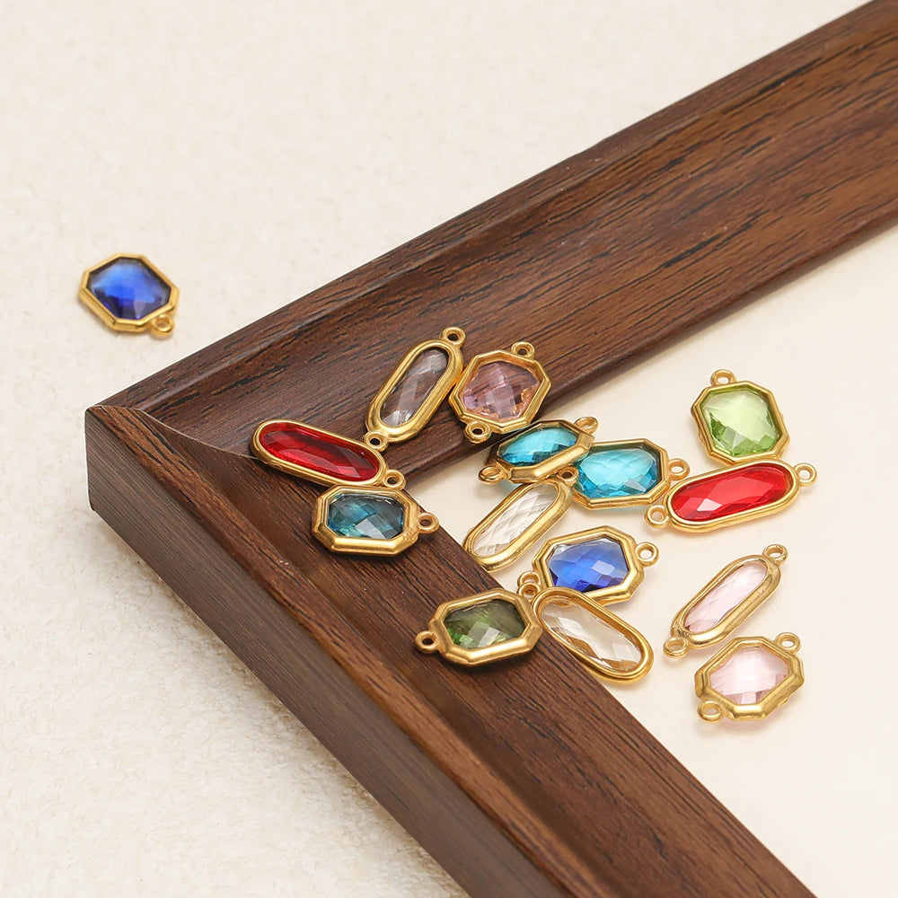 New Trend Fashion 18k Gold Plated Stainless Steel Two Hole Geometric Oval Zircon Charm Pendant for DIY Necklace Jewelry Making