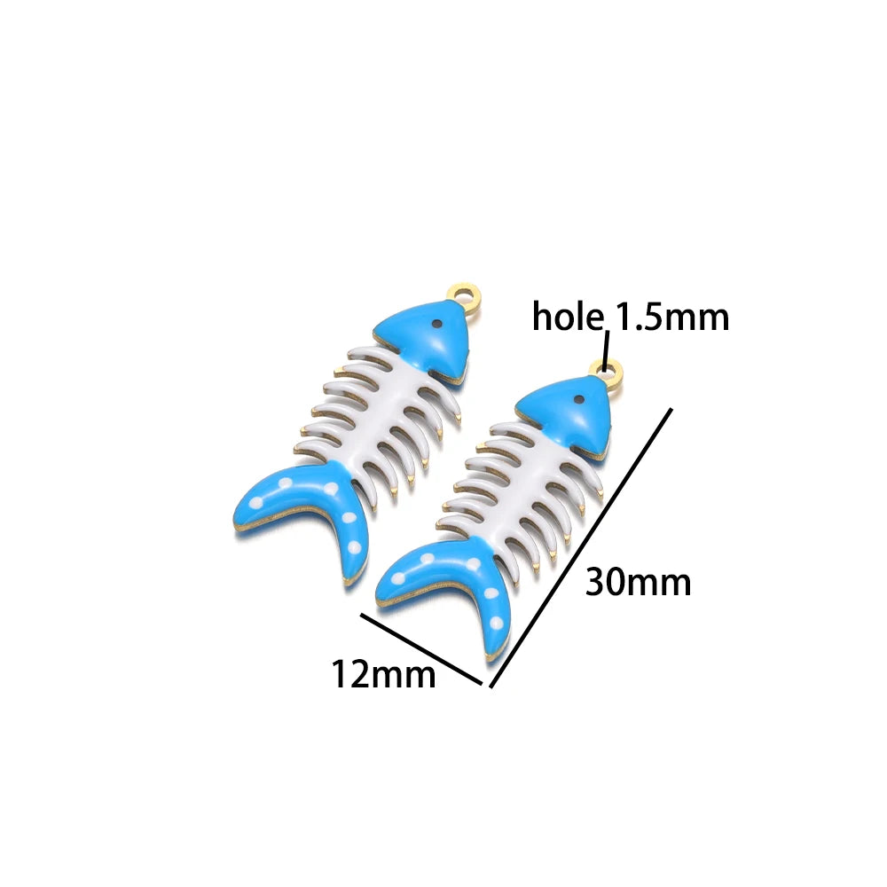 No Tarnish 18k Gold Plated Stainless Steel Small Enamel Fishbone Charm Pendant for Jewelry Necklace Making Accessories