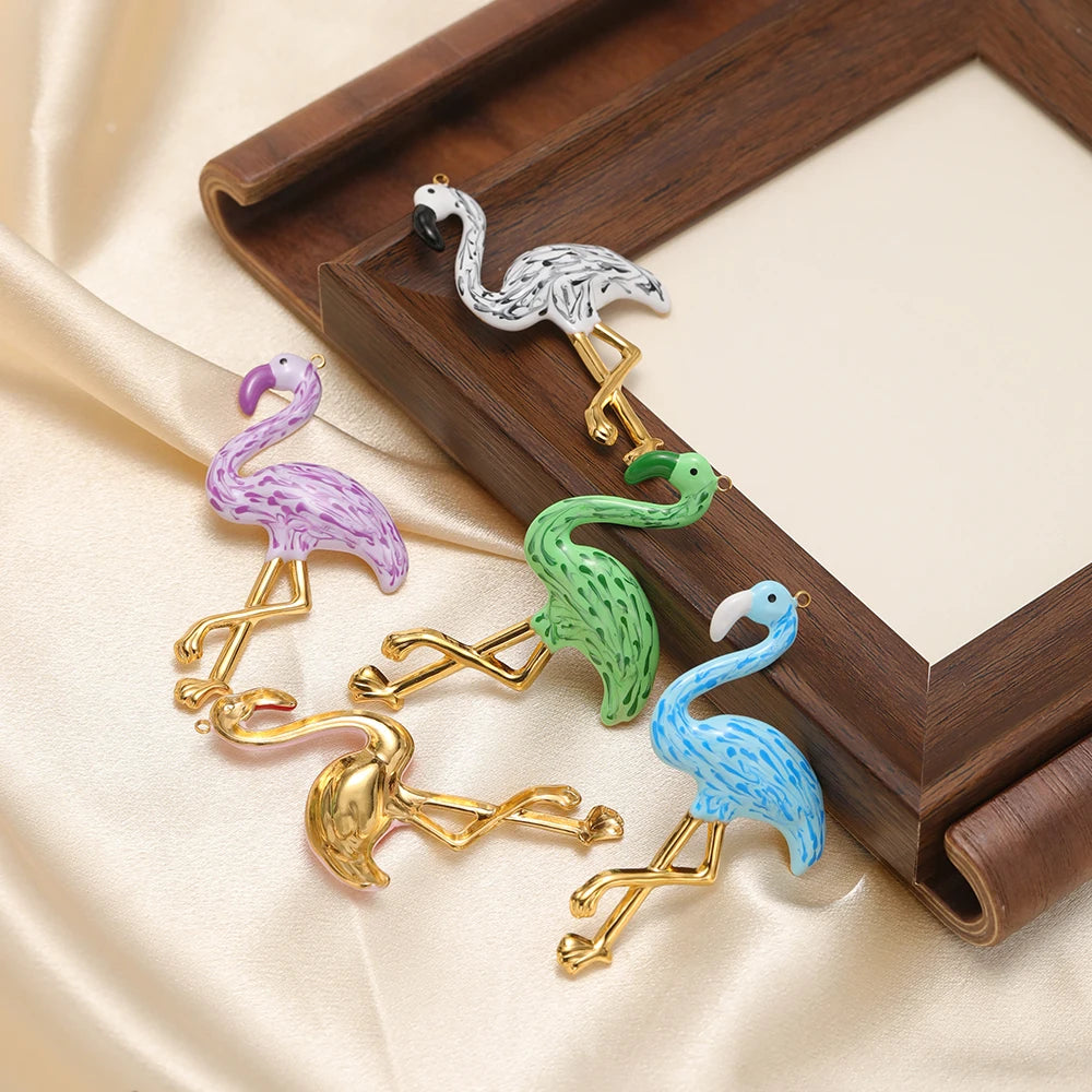 New Style Bird Pendant Stainless Steel 18k Gold Plated Oil Drop Flamingo Charm Pendant for Jewelry Necklace Making