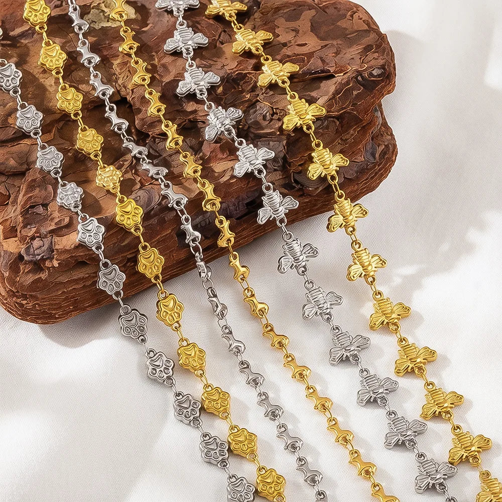 D869 Cute Children Chain Jewelry Bee cat Paw Connectors Chains Tarnish Free 18K PVD Gold Stainless Steel Chain for Making