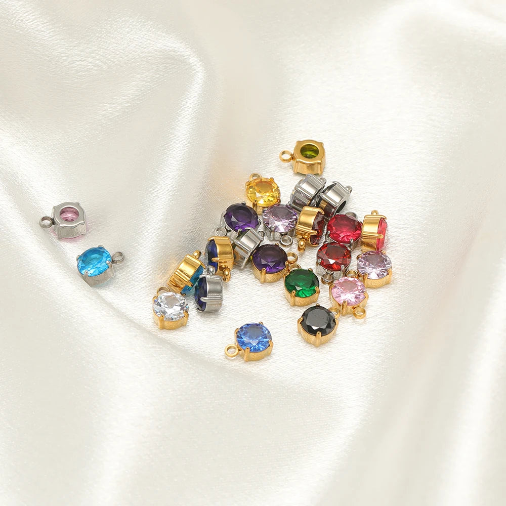 5pcs/bag Stainless Steel 18k Gold Plated 8*6mm Round Zircon Charm Pendant for Diy Necklace Jewelry Making Accessories