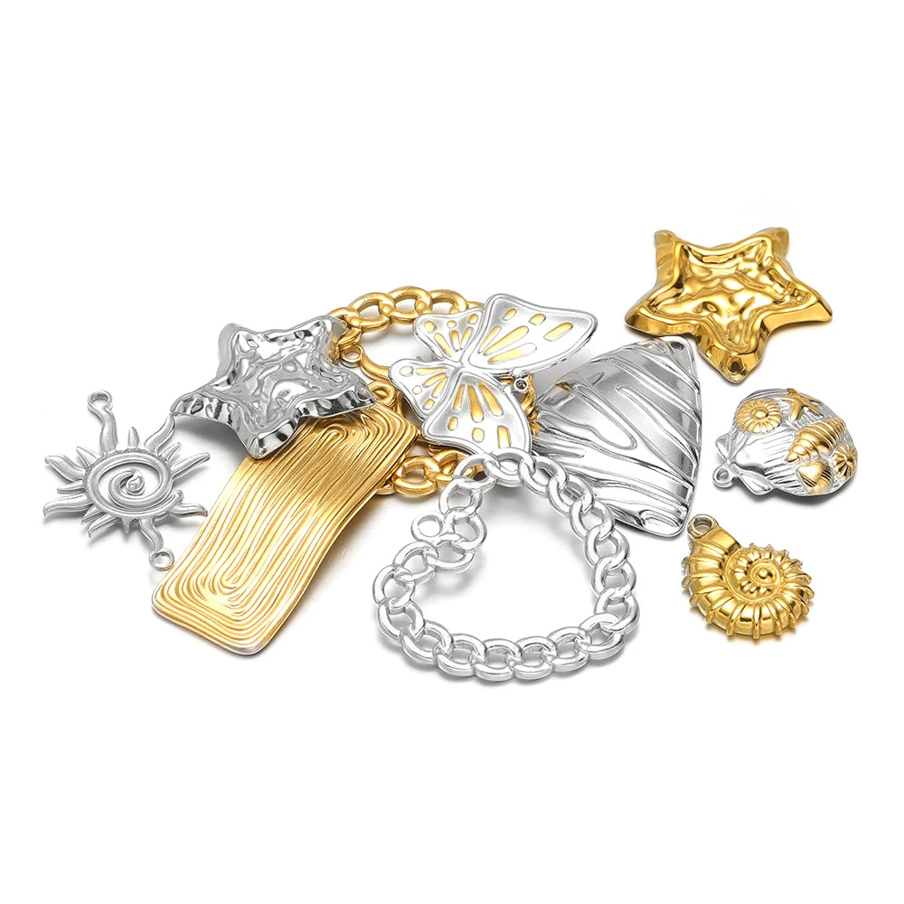 Fashion Trend  18k Gold Plated Stainless Steel Sun Star Heart Conch Charm Pendant for DIY Necklace Jewelry Making Accessories