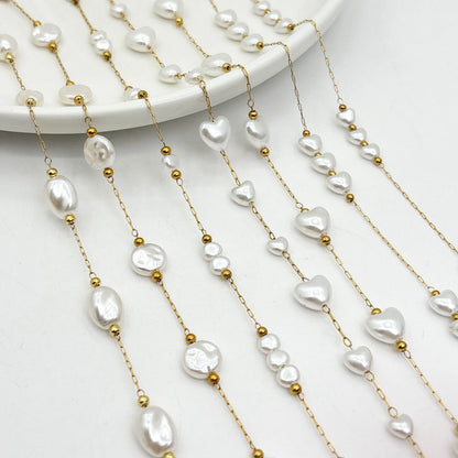 E245 Freshwater Pearl Beads Chain Heart butterfly Round Pearl Link Chain Stainless Steel Permanent Chains for Diy