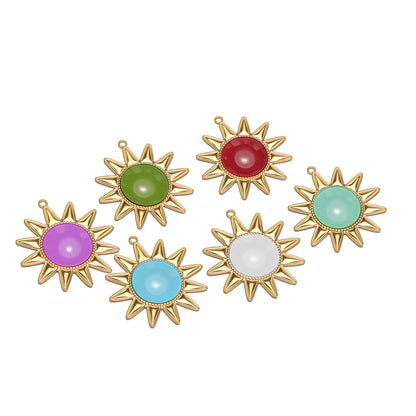 New Bohemian Retro Stainless Steel Gold Plated Big Sun Gemstone Charm Pendant for Earring Jewelry Making Accessories