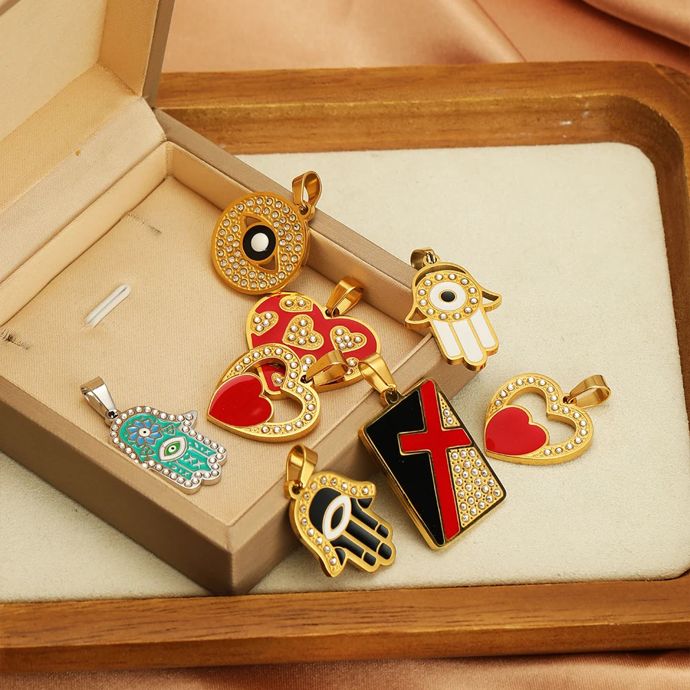 Exquisite Stainless Steel Gold Plated Dripping Oil Eyes Heart Moon Charm Pendant for DIY Jewelry Making Wholesale