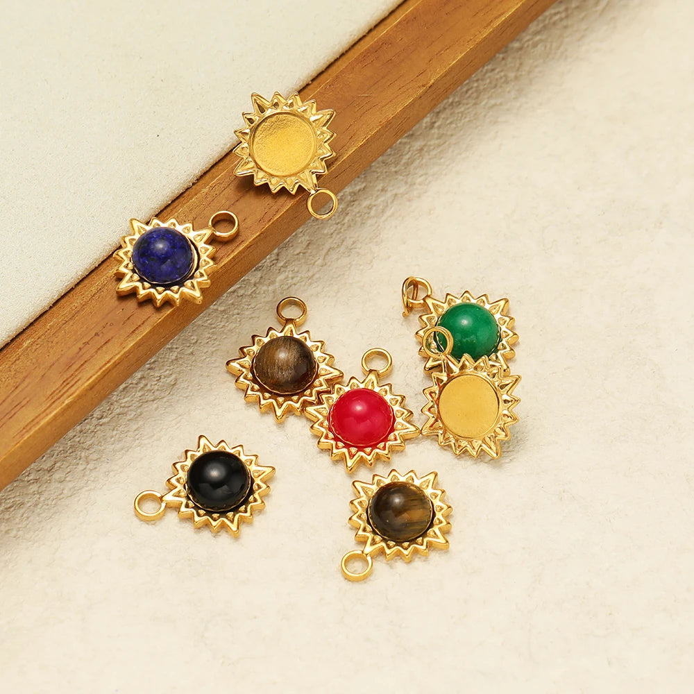 Bohemian Style Stainless Steel 18K Gold Plated Sunflower Natural Stone Charm Pendant for Jewelry Necklace Making Wholesale