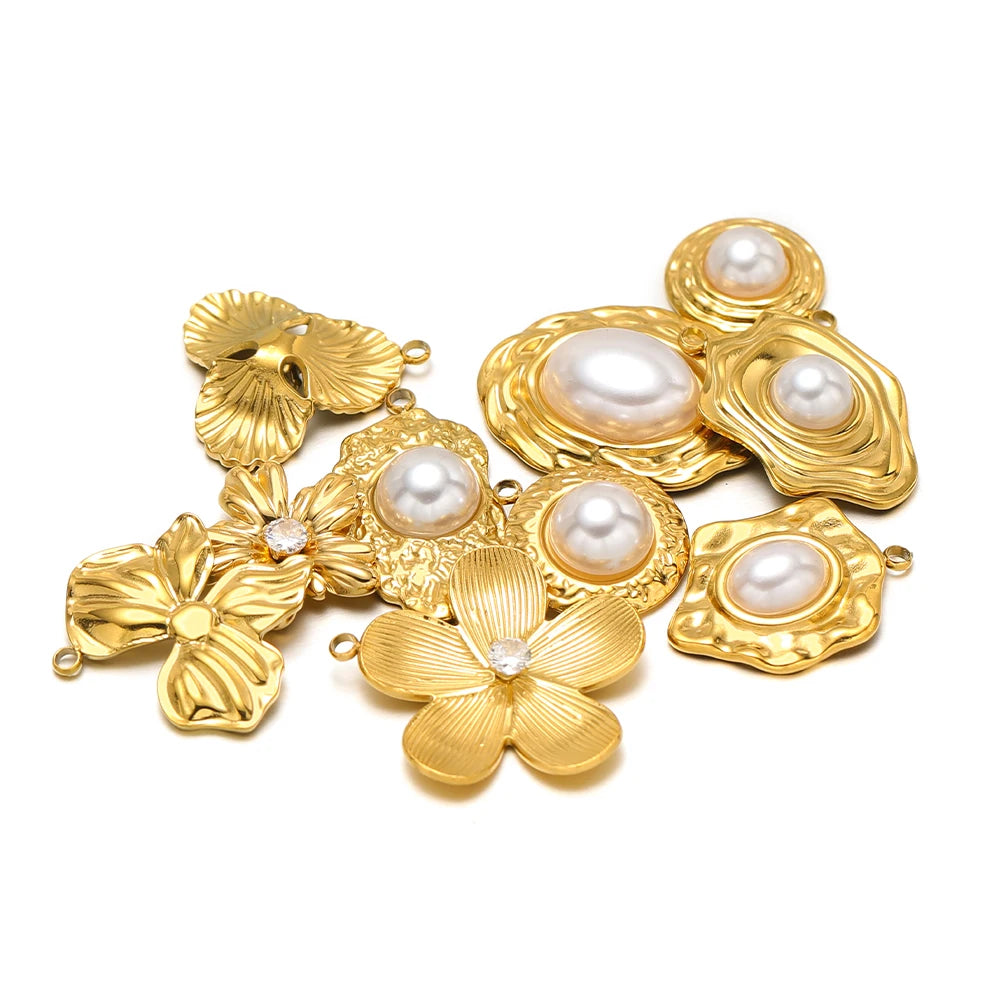 Hot Sale Fashion 18k Gold Plated Stainless Steel Pearl Flower Irregular Shape Charm Pendant for DIY Necklace Jewelry Making