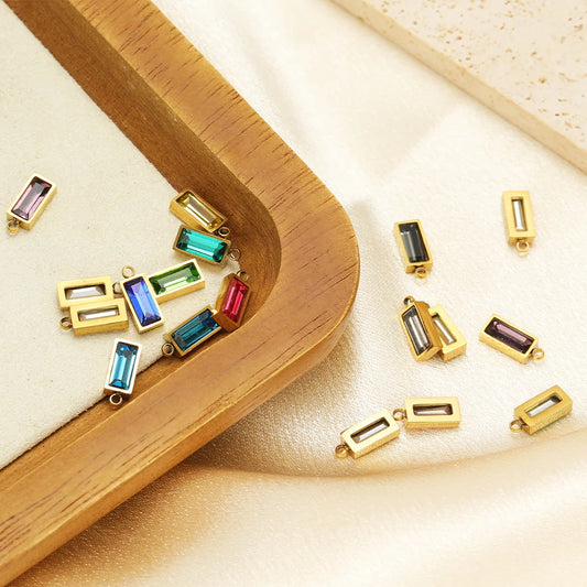 18k Gold Plated Stainless Steel 8*4mm Rectangle Glass Charm Pendant for Diy Necklace Jewelry Making Accessories