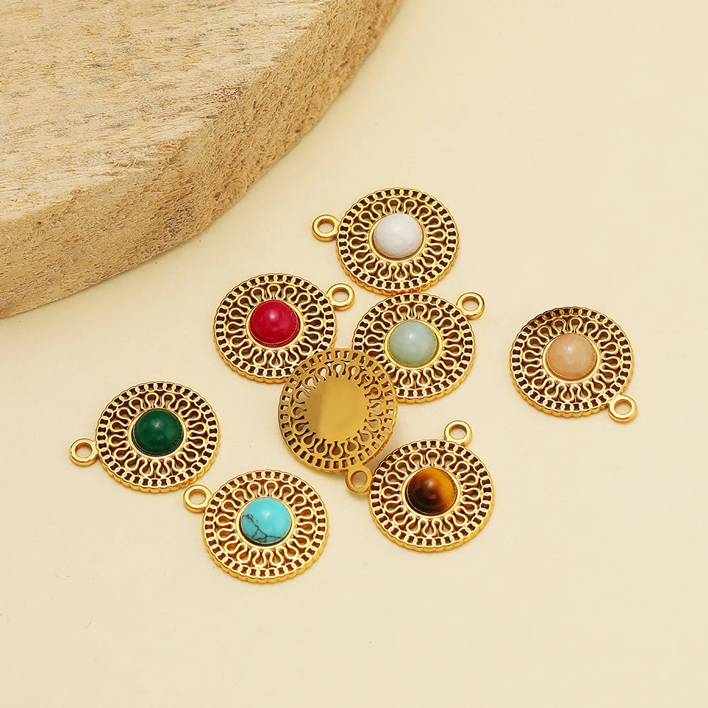 French Retro Stainless Steel 18K Gold Plated Natural Stone Hollow Charm Pendant for Jewelry Earring Necklace Making Accessories