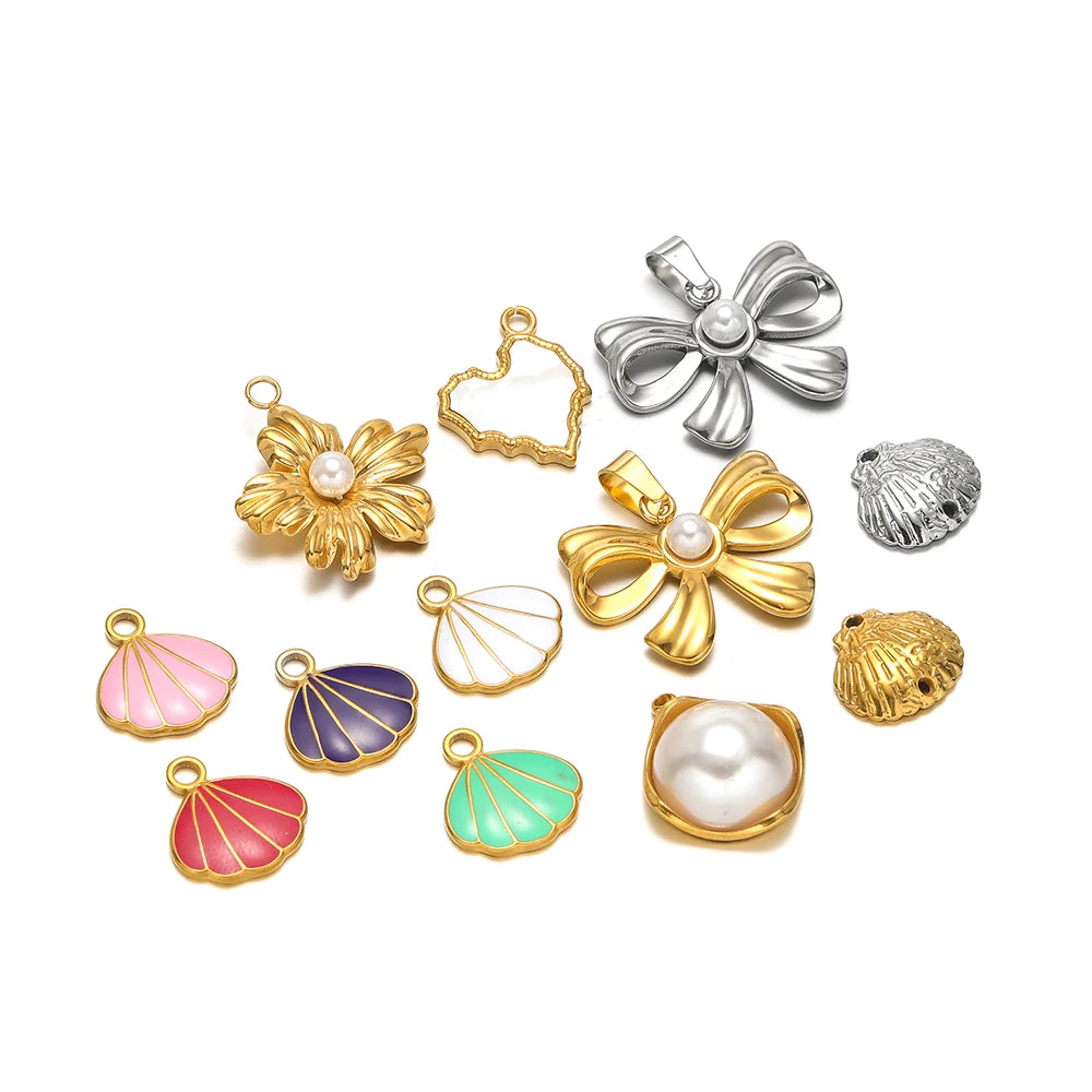 New Trend Stainless Steel Gold Plated Enamel Shell Heart Flower Bowknot Charm Pendant for Jewelry Making Wholesale