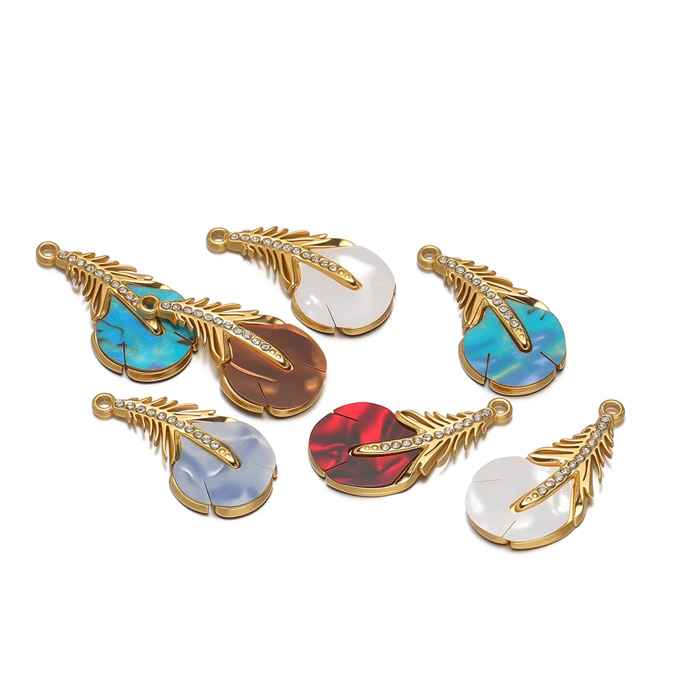 New Trendy Stainless Steel 18k Gold Plated Zircon Leaf Charm Pendant for Jewelry Making Wholesale Jewelry Supplies