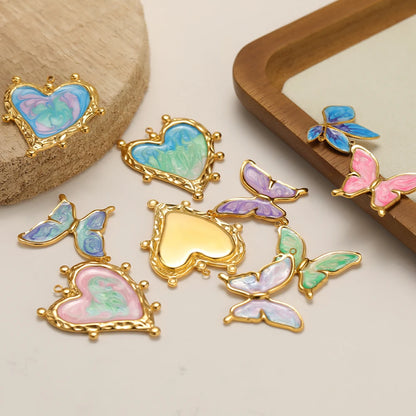4pcs/bag Stainless Steel 18K Gold Plated Colorful Drop Oil Butterfly Heart Leaf Charm Pendant for Jewelry Necklace Making