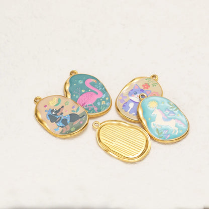 Cute Animal Pattern Oval Charms Gold Plated Enamel Pendant with Flamingo Dog Cat Unicorn DIY Jewelry Making Supplies