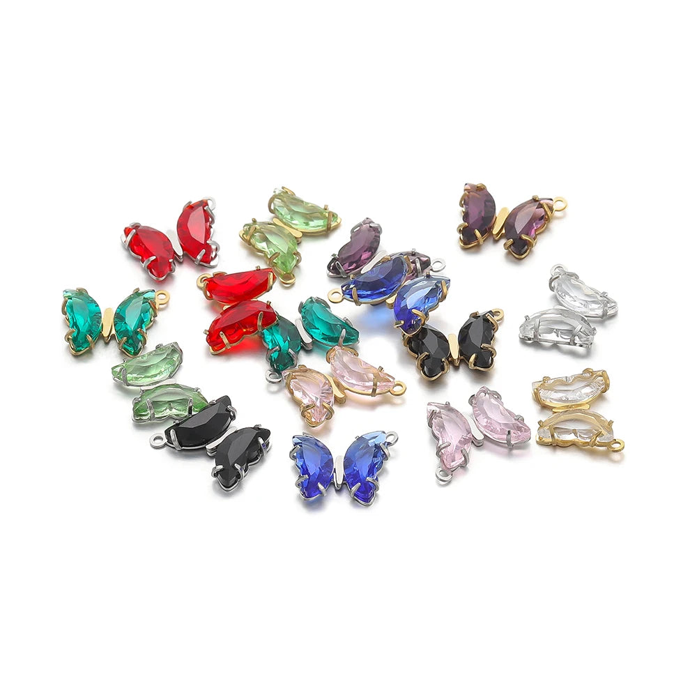 Fashion Colorful Stainless Steel Gold Plated Single Hole Butterfly Crystal Stone Charm Pendant for Jewelry Making