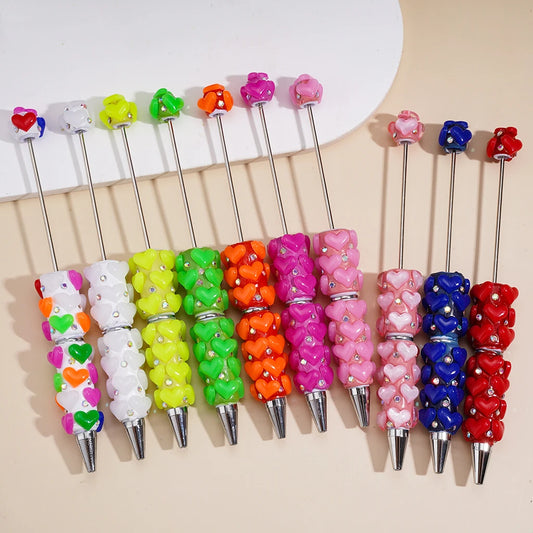Fluorescent Colored Heart Shaped Diamond Decor Beadable Ballpoint Pen Cute Particle  Exquisite Handmade DIY Gift Pen Wholesale