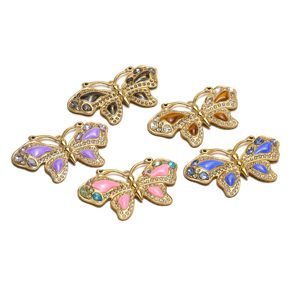 Exquisite French Pendant Stainless Steel Gold Plated Enamel Butterfly Zircon Charm Pendant for Diy Jewelry Making