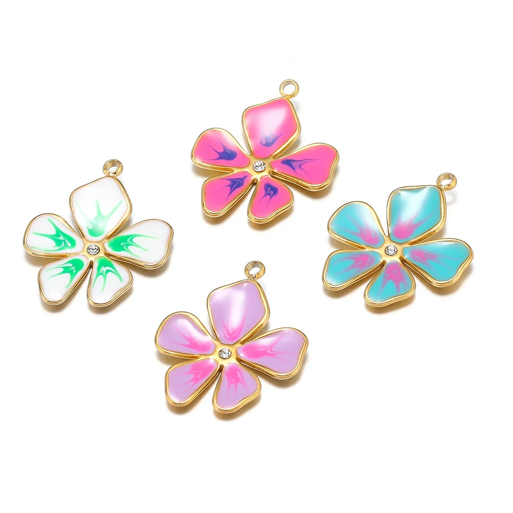 Wholesale Stainless Steel 18k Gold Plated Enamel Colored Flower Charms Pendant for DIY Women Necklace Making