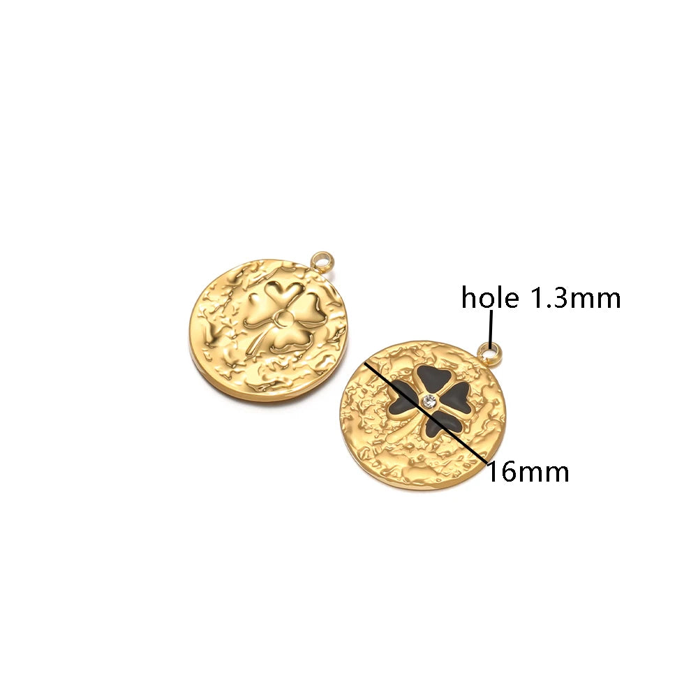 New Product Stainless Steel 18k Gold Plated Enamel Four Leaf Clover Crumpled Round Charm Pendant for Jewelry Necklace Making