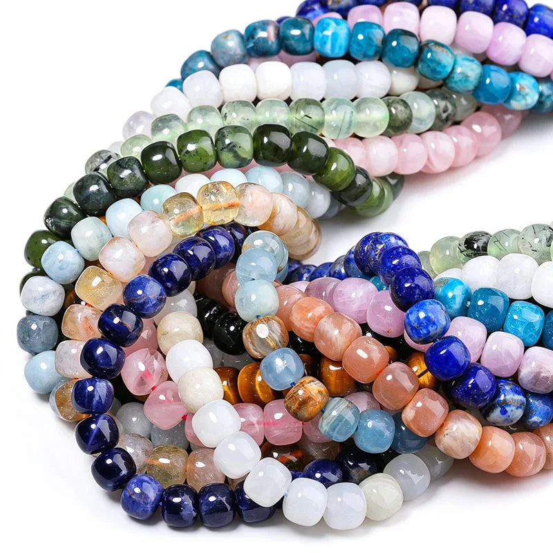 Natural Tube Stone Beads, Rounded Barrel Drum Shaped Aquamarine Kunzite Lapis Apatite Gemstone Bead for Jewelry Making 7x8mm