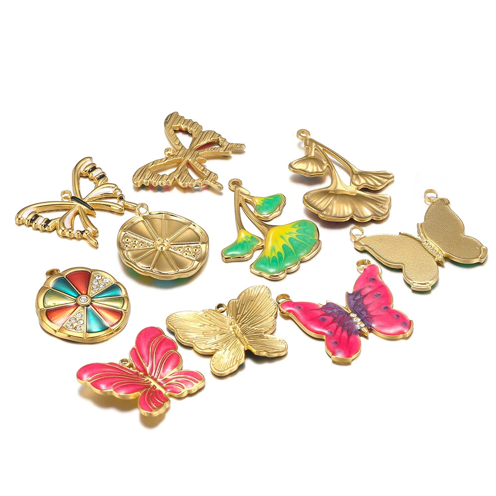 New Trendy Stainless Steel 18k Gold Plated Enamel Butterfly Leaves Flower Charm Pendants for Jewelry Necklace Making Accessories