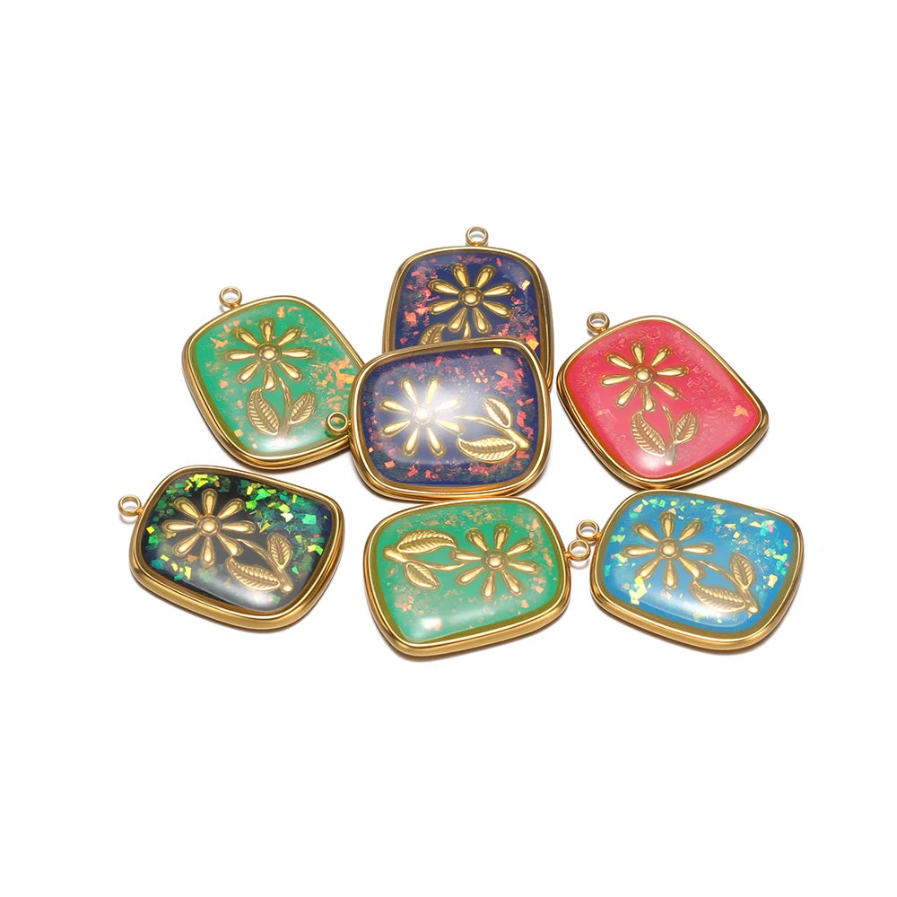 Fashion 18k Gold Plated Stainless Steel Square Enamel Flower Charm Pendant for DIY Necklace & Earring Making Accessories