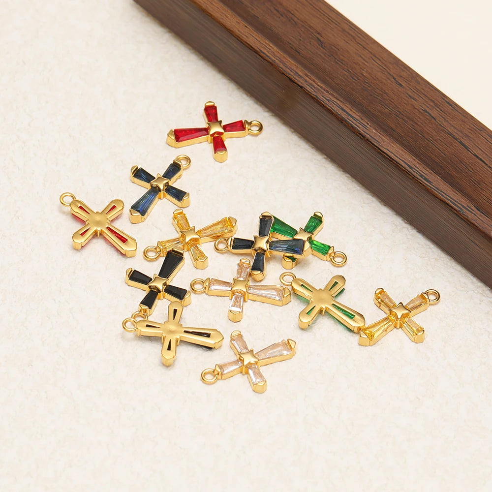 18K Gold Hollow Cross Charm Single-sided Zircon Inlay Geometric Rectangle CZ Pendant Findings Religious Jewelry DIY Necklace