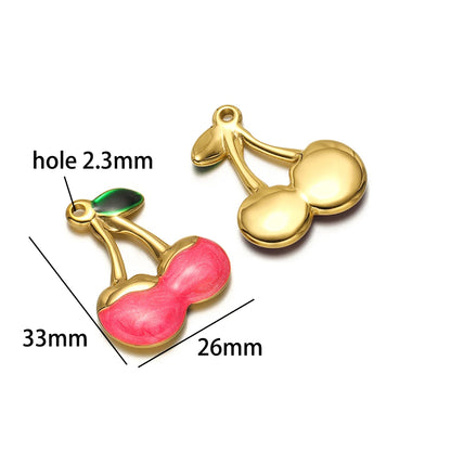 Lovely Fruit Charms 18k Gold Plated Stainless Steel Enamel Cherry Strawberry Zircon Charm Pendant for DIY Jewelry Making