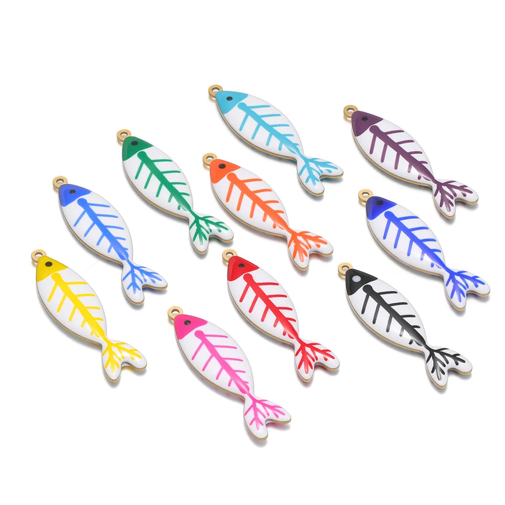 Handmade 18k Gold Plated Stainless Steel Enamel Cute Beach Fishbone Charm Pendant for Jewelry Necklace Making Accessories