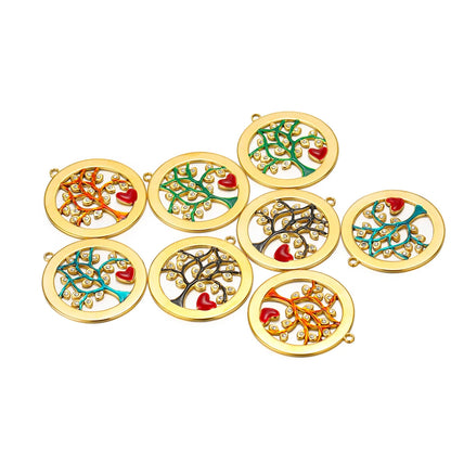 Vintage Stainless Steel18k Gold Plated Hollow Round Charm Shiny Zircon Tree of Life  Charms Pendant for DIY Jewelry Making