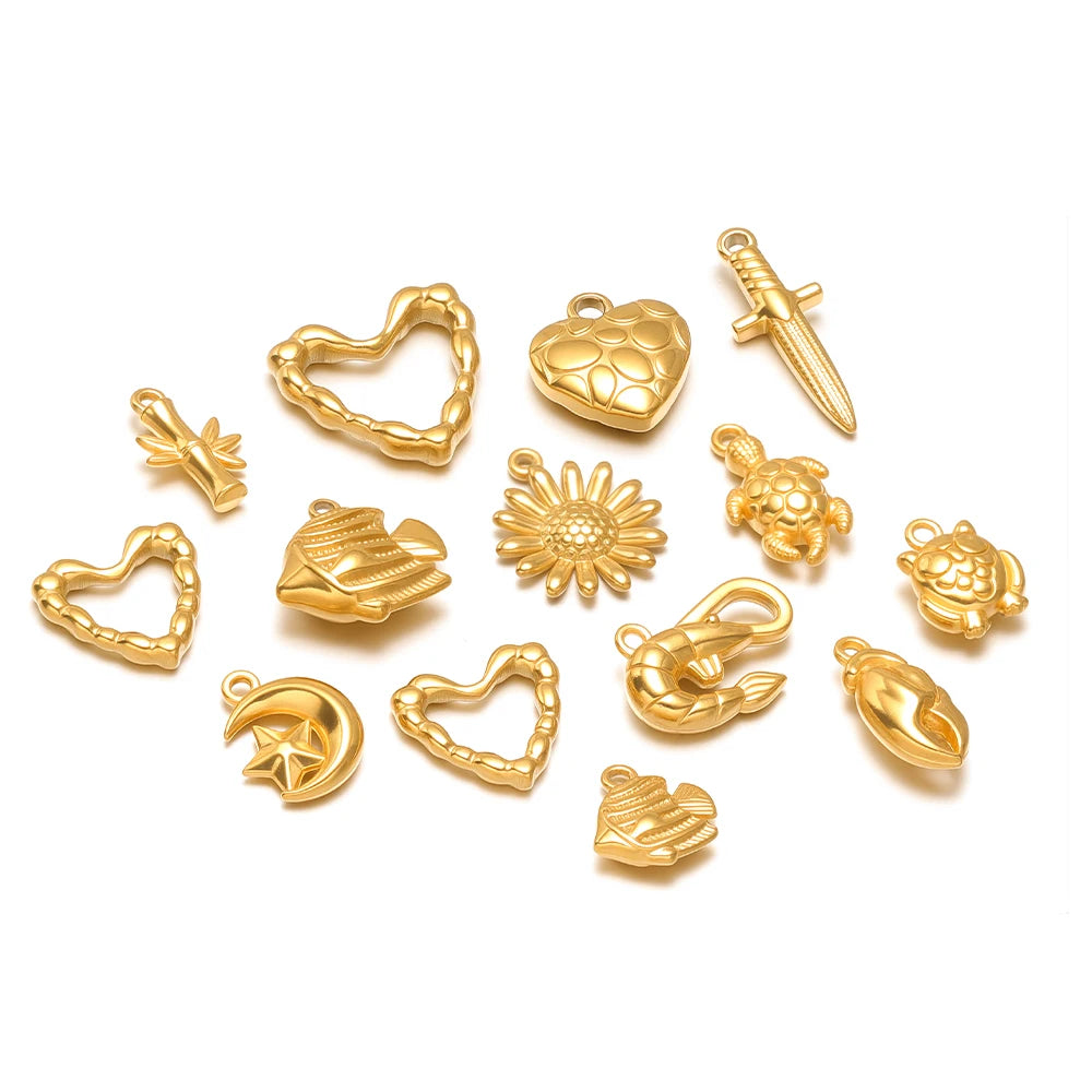 DIY Pendant 18k Gold Plated Stainless Steel Heart Sunflower Turtle Shrimp Fish Charm Pendant for DIY Necklace Jewelry Making