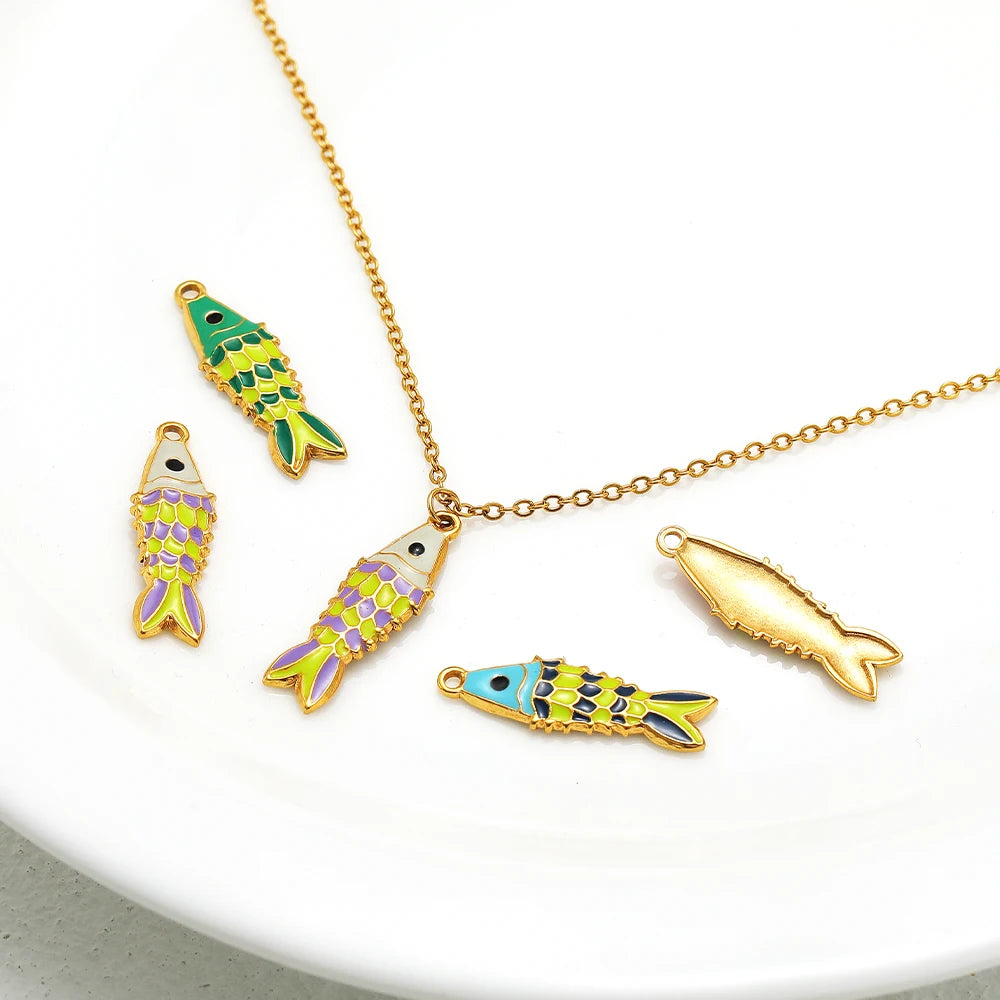 18K Gold Plated Stainless Steel Colorful Oil Drip Fish Charm Pendant for Fashion Jewelry Earring Necklace Making