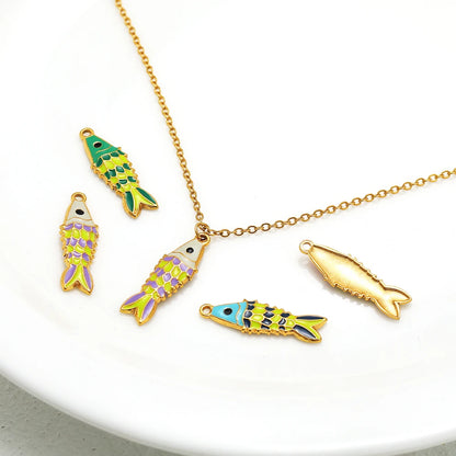 18K Gold Plated Stainless Steel Colorful Oil Drip Fish Charm Pendant for Fashion Jewelry Earring Necklace Making