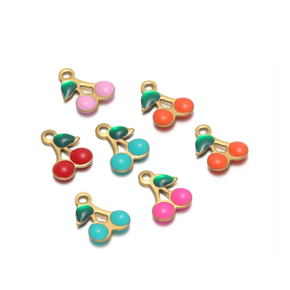 Enamel Fruit Charm 18k Gold Plated Stainless Steel Cherry Charm Pendant for Diy Women Necklace Jewelry Making