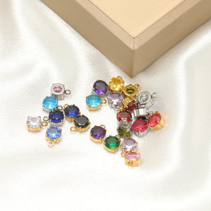 5pcs/bag Stainless Steel 18k Gold Plated 8*6mm Round Zircon Charm Pendant for Diy Necklace Jewelry Making Accessories